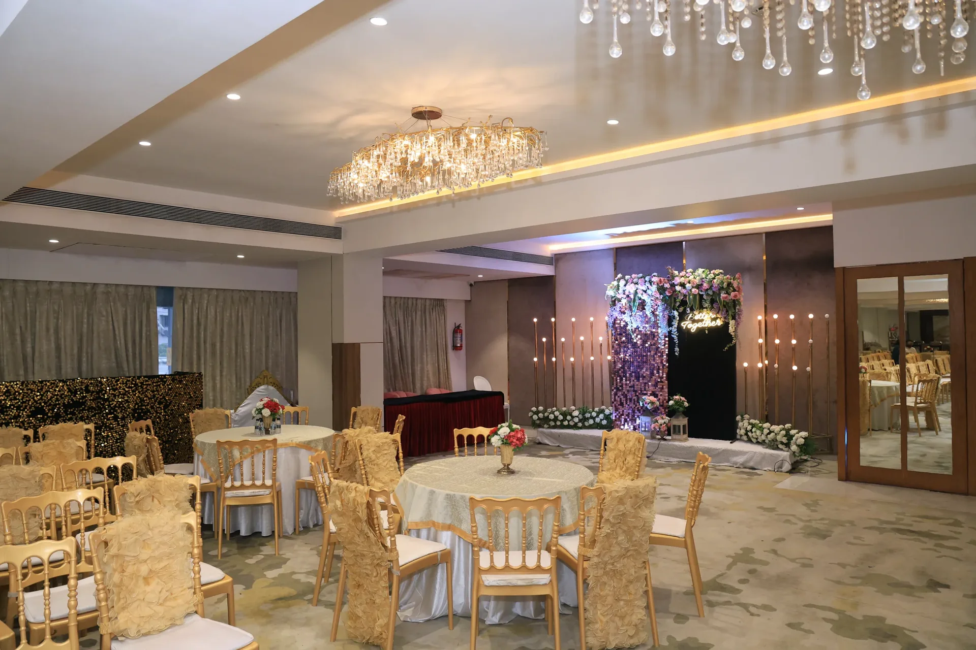 The Golden Leaf hall set for an evening celebration